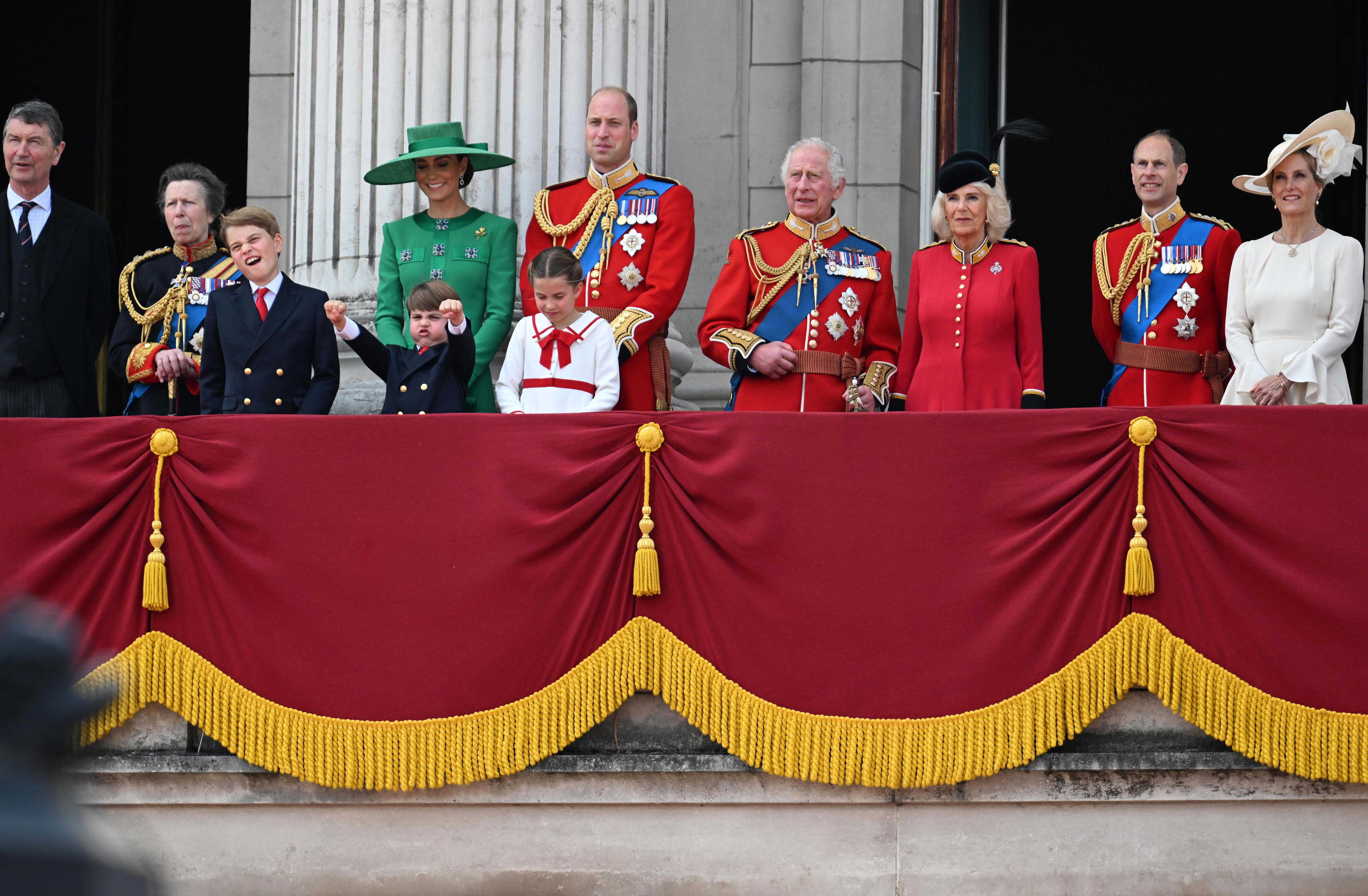 <p>The slimmed-down royal family -- Sir Timothy Laurence and wife Princess Anne; Prince George, Prince Louis, Princess Charlotte and parents Princess Kate and Prince William; King Charles III and Queen Camilla; and Prince Edward and wife Sophie, Duchess of Edinburgh -- stood on the balcony of Buckingham Palace to watch a fly-past of Royal Air Force aircraft during <a href="https://www.wonderwall.com/celebrity/royals/trooping-the-colour-2023-king-charles-iii-celebrates-the-first-of-his-reign-752078.gallery">Trooping the Colour</a> in London on June 17, 2023.</p>