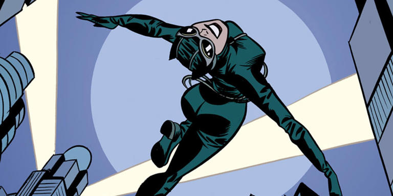 Catwoman leaps through the air in art by Darwyn Cooke.