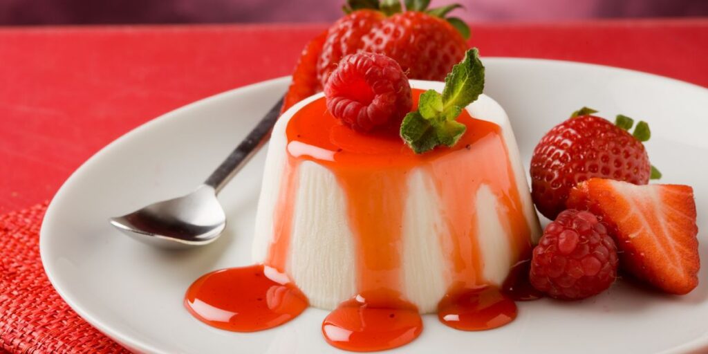 <p>A silky dessert made with cream, sugar, and gelatin, often flavored with vanilla or topped with fruit coulis or caramel sauce.</p>