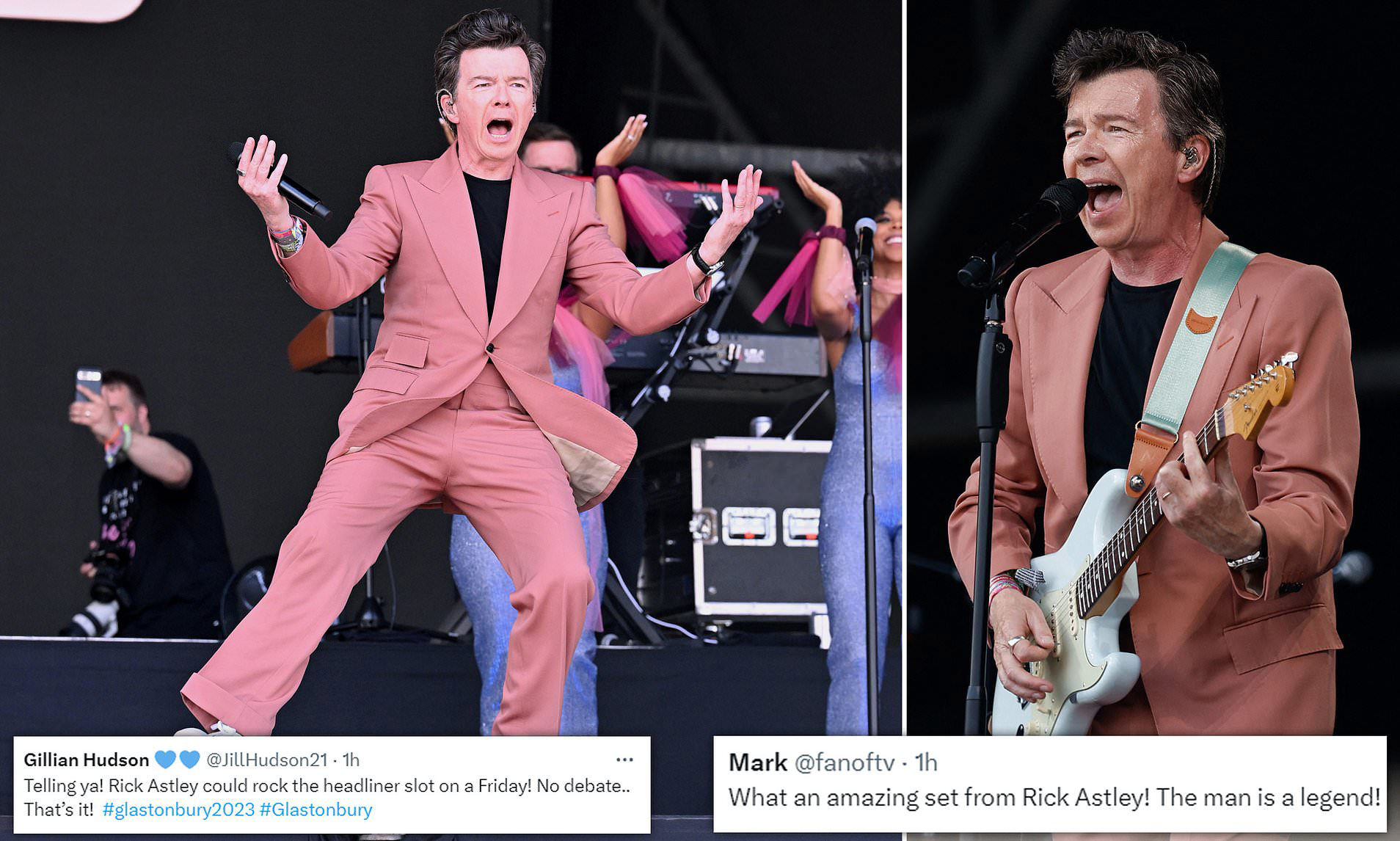 Rick Astley takes to the stage in a pink suit for epic Glastonbury set