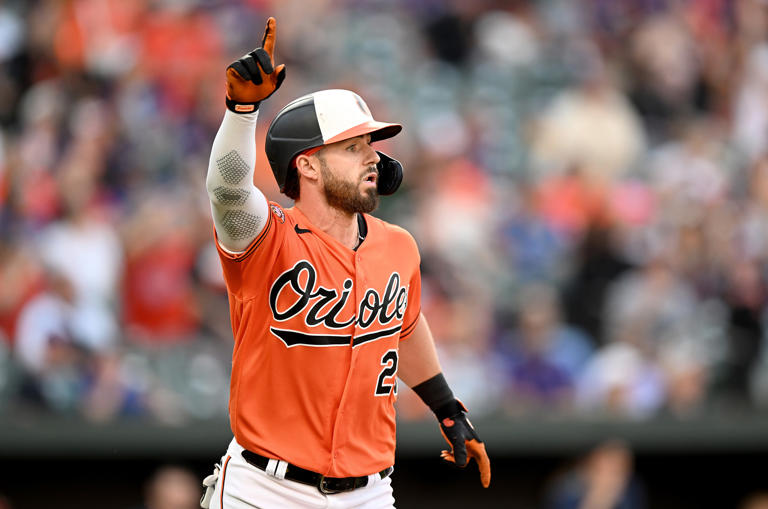 Ryan McKenna of the Baltimore Orioles celebrates after hitting the game-winning two-run home run in the 10th inning against the Seattle Mariners at Oriole Park at Camden Yards on Saturday, June 24, 2023, in Baltimore.