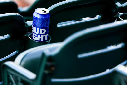 A tall can of Bud Light sits in the seats during the the Baltimore Orioles and Cleveland Guardians game at Oriole Park at Camden Yards on May 31, 2023 in Baltimore, Maryland.