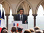 Emmanuel Macron lors de son discours, jeudi, à l’intérieur de l’abbaye du Mont-Saint-Michel.