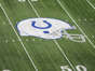 Mar 3, 2023; Indianapolis, IN, USA; The Indianapolis Colts helmet logo at midfield at Lucas Oil Stadium.