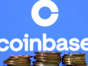 A representation of cryptocurrency in front of the Coinbase logo. AFP