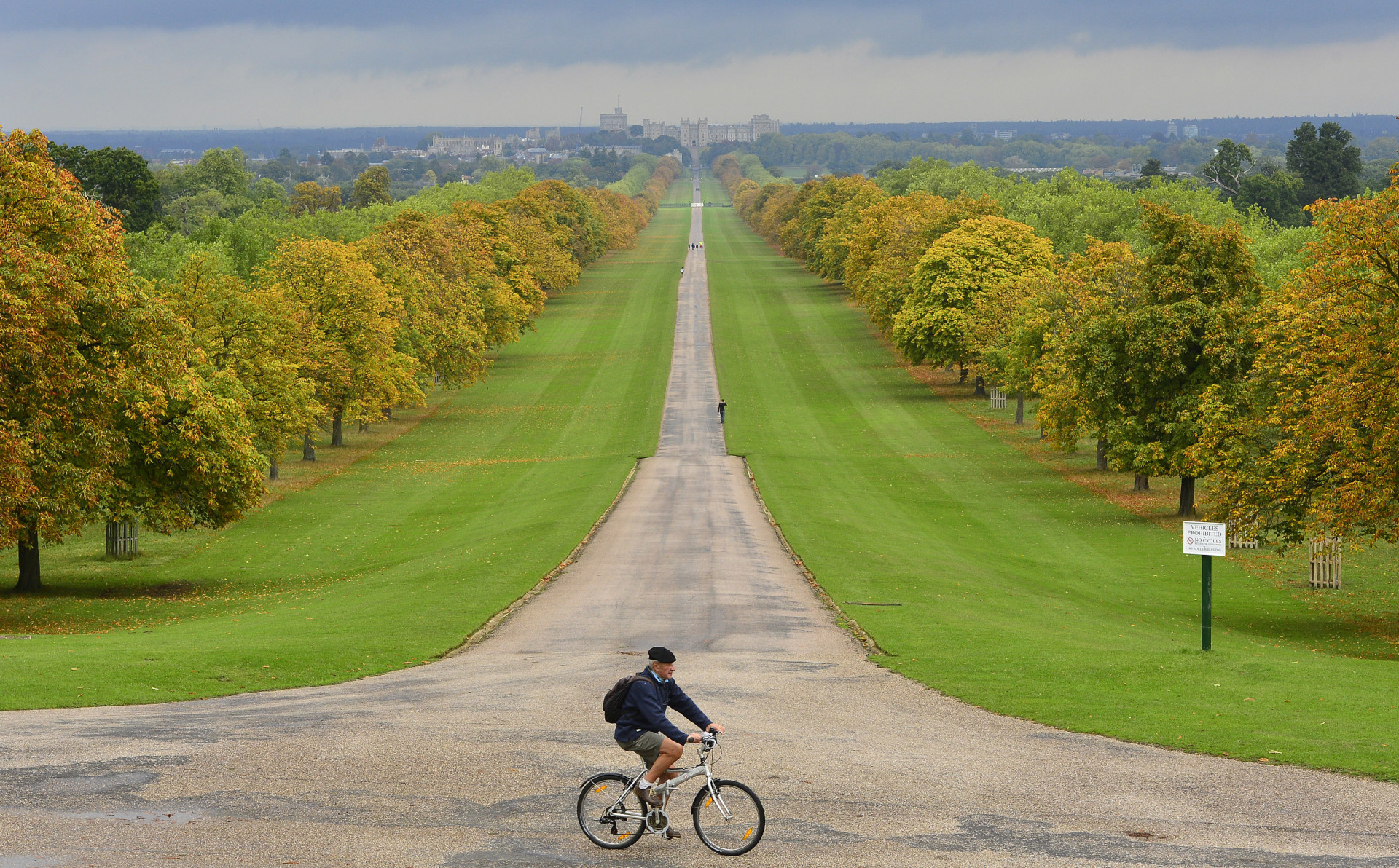 Un homme passe devant la grande allée du parc de Windsor. La ville de Windsor et le château historique sont visibles en arrière-plan.