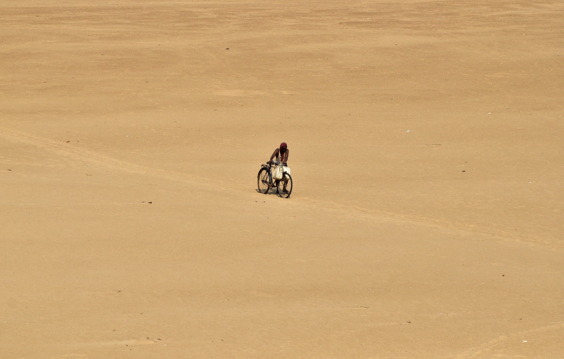 Un villageois marche sur les berges de la rivière Kuakhai avec sa bicyclette, en pleine chaleur, à la périphérie de la ville de Bhubaneswar.