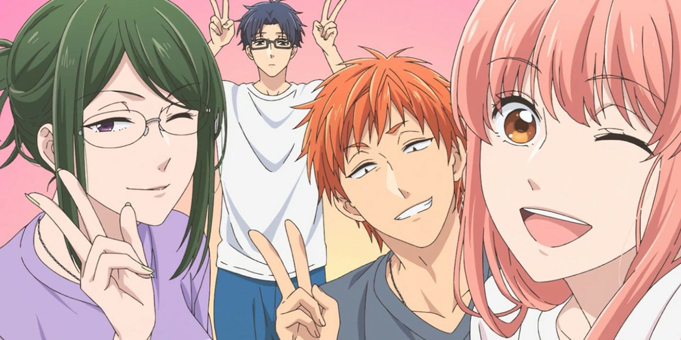 The main characters of Love is Hard for <b>Otaku</b> pose for the camera and throw...