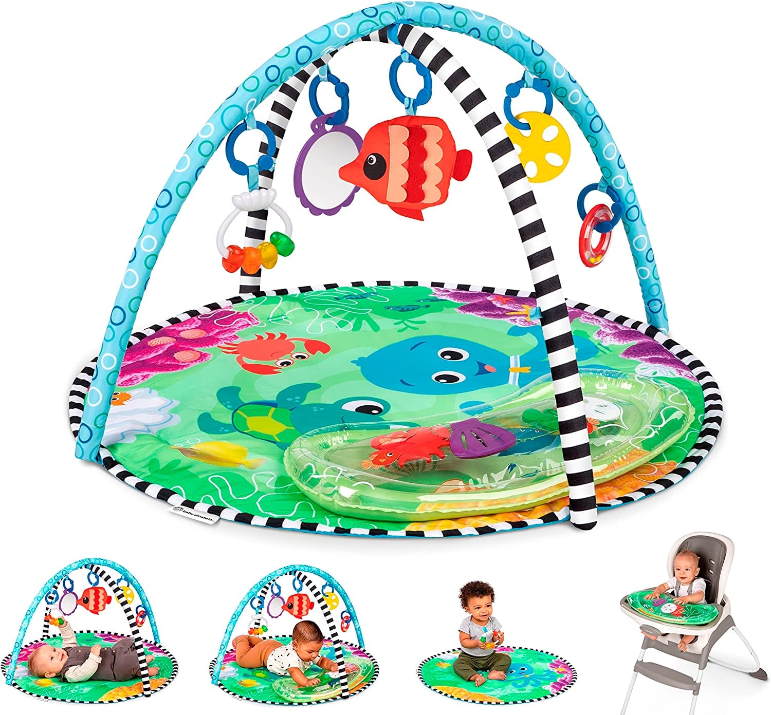 <p><a href="http://www.amazon.com/Baby-Einstein-Explorers-Portable-Activity/dp/B017RAK5LO">BUY NOW</a></p><p>$40</p><p><a href="http://www.amazon.com/Baby-Einstein-Explorers-Portable-Activity/dp/B017RAK5LO" class="editor-rtfLink ga-track"><strong>Baby Einstein 2-in-1 Water Play Mat & Activity Gym</strong></a> ($40)</p> <p>Make a splash, minus the mess, by turning tummy time into a deep-sea adventure with this fun water play mat and activity gym. "Play mats like this one encourage babies to reach and grasp, working on hand-eye skills," Dr. Stovall. </p> <p>Many water tummy time options have the water feature on the entire surface of the play mat. But Baby Einstein's is small and detaches, so you can use it on the go or later to entertain a babe in a high chair as you make dinner. "Ensure all toys are securely attached to the mat to remain safe," Dr. Stovall cautions. Plus, the mat has other toys that engage multiple senses, like a plush fish chime and a baby-safe mirror. </p>