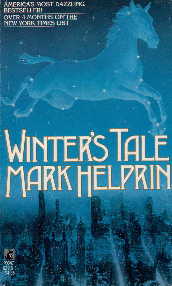 <p>Mark Helprin’s 1983 <a href="https://www.goodreads.com/en/book/show/12967"><em>Winter’s Tale</em></a> embraces magic realism to present a New York City of enhanced beauty and criminality. Against the backdrop of a city alive with light and energy, Irish burglar Peter Lake goes to rob a mansion on the Upper West Side only to find a young girl, Beverly Penn, who is dying and sleeps outside in the winter cold to reduce her fever. Because of his love for her, Lake is driven to try to stop time and bring back the dead.</p>