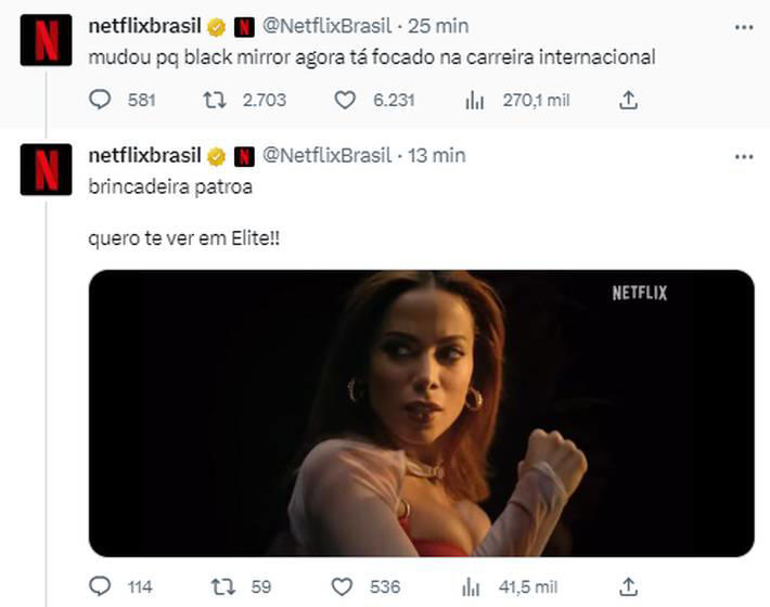 Anitta critica nova temporada de ‘Black Mirror’ e recebe resposta atravessada da Netflix Foto: Reprodução/Twitter/@Anitta