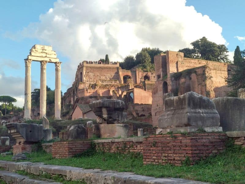Captivating ruins of the Palatine Hill, standing as a testament to the glory of ancient Rome, with crumbling walls, weathered columns, and scattered fragments that whisper stories of emperors, lavish palaces, and the rich tapestry of Roman civilization.