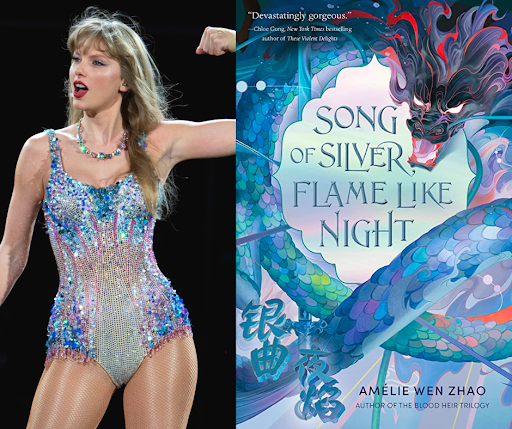 Taylor Swift in a "Lover" look from her Eras tour pairs well with Amélie Wen Zhao's "Song of Silver, Flame Like Night."