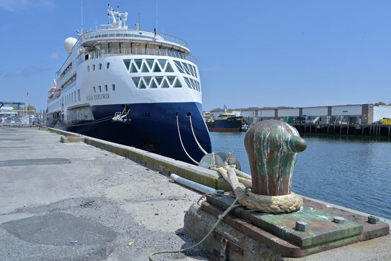 The Vantage Travel cruise ship Ocean Explorer docked at the Cruiseport Gloucester Marine Terminal on April 27.