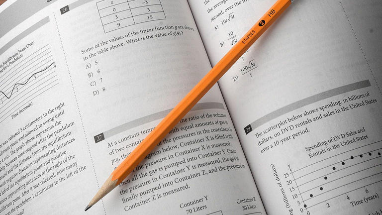 Close-up of a pencil on a page of an SAT college entrance exam preparation book, taken on August, 6, 2017 in Melville, New York. Thomas A. Ferrara/Newsday RM via Getty Images