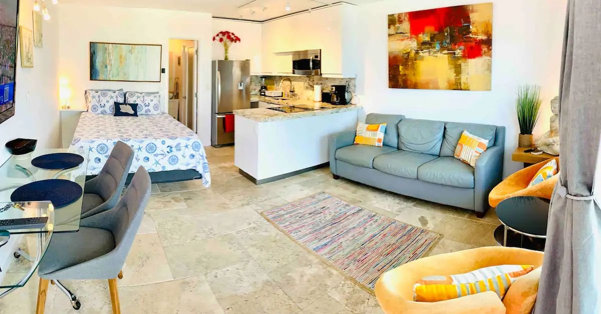<p> Spend your vacation right on Pompano Beach for only $128 per night. This seaside studio apartment can host two guests and has direct access to the beach. The apartment complex also has a pool. </p> <p> The rental provides beach equipment, like chairs, towels, and coolers. The apartment is only an hour's drive from Miami, too. </p>