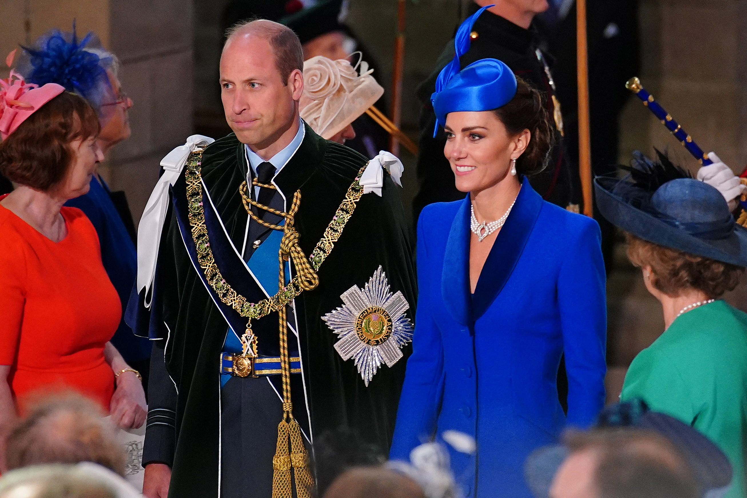 <p>Prince William and Princess Kate arrived at a National Service of Thanksgiving and Dedication inside St. Giles' Cathedral in Edinburgh, Scotland, on July 5, 2023, to mark the coronation of King Charles III and Queen Camilla in Scotland, where he was presented with the Honours of Scotland -- the Scottish crown jewels.</p>