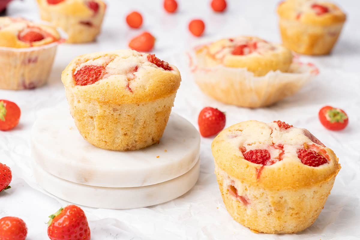 <p>Sweet, light, and packed with fruity flavor, these <a href="https://www.spatuladesserts.com/strawberry-muffins/">strawberry muffins</a> are the perfect addition to your breakfast or brunch menu. This easy strawberry muffin recipe uses fresh strawberries and a hint of vanilla flavor to create a delicious and versatile muffin that the whole family will love. And they only take 30 minutes to bake!</p> <p><strong>Go to the recipe: <a href="https://www.spatuladesserts.com/strawberry-muffins/">Strawberry Muffins</a></strong></p>