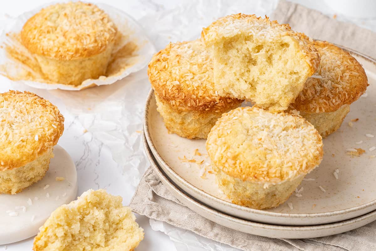 <p>These moist and fluffy <a href="https://www.spatuladesserts.com/coconut-muffins/">coconut muffins</a> are the perfect tropical touch to your breakfast, brunch, or dessert table. Made with shredded coconut, a hint of vanilla, and just the right amount of sweetness, they are packed with flavor and just the right texture to keep your mouth watering for more!</p> <p><strong>Go to the recipe: <a href="https://www.spatuladesserts.com/coconut-muffins/">Coconut Muffins</a></strong></p>