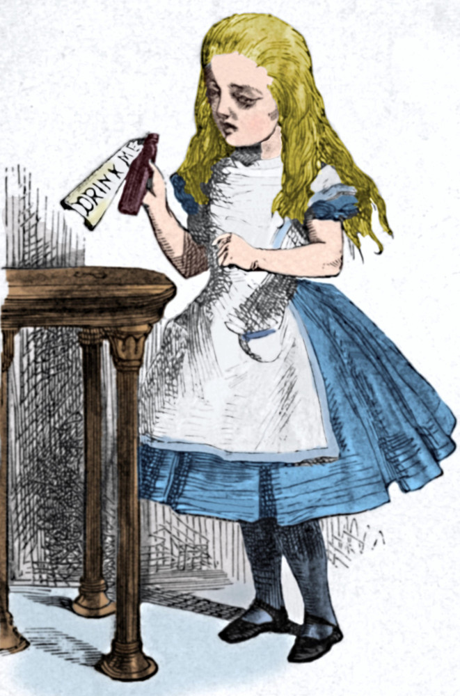 <p>Carroll's preoccupation with food and drink is evident throughout the novel. Alice shrinks to the size of a doll after drinking the contents of a green bottle labelled "DRINK ME."</p><p><a href="https://www.msn.com/en-us/community/channel/vid-7xx8mnucu55yw63we9va2gwr7uihbxwc68fxqp25x6tg4ftibpra?cvid=94631541bc0f4f89bfd59158d696ad7e">Follow us and access great exclusive content every day</a></p>