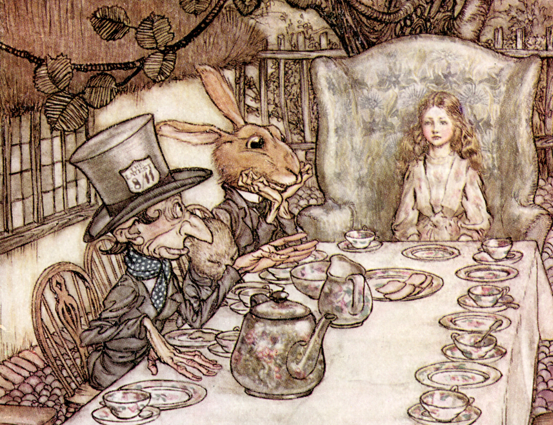 <p>The madcap hilarity of the Hatter's tea party is a key scene in the novel. The gathering can be seen as members of society behaving beyond social constraints. The Hatter is quite often very rude and provokes Alice during the party. Confrontation is the overriding theme. Carroll is reminding us that human interaction is dependent on a mutual openness and respect from all parties involved.</p><p><a href="https://www.msn.com/en-us/community/channel/vid-7xx8mnucu55yw63we9va2gwr7uihbxwc68fxqp25x6tg4ftibpra?cvid=94631541bc0f4f89bfd59158d696ad7e">Follow us and access great exclusive content every day</a></p>