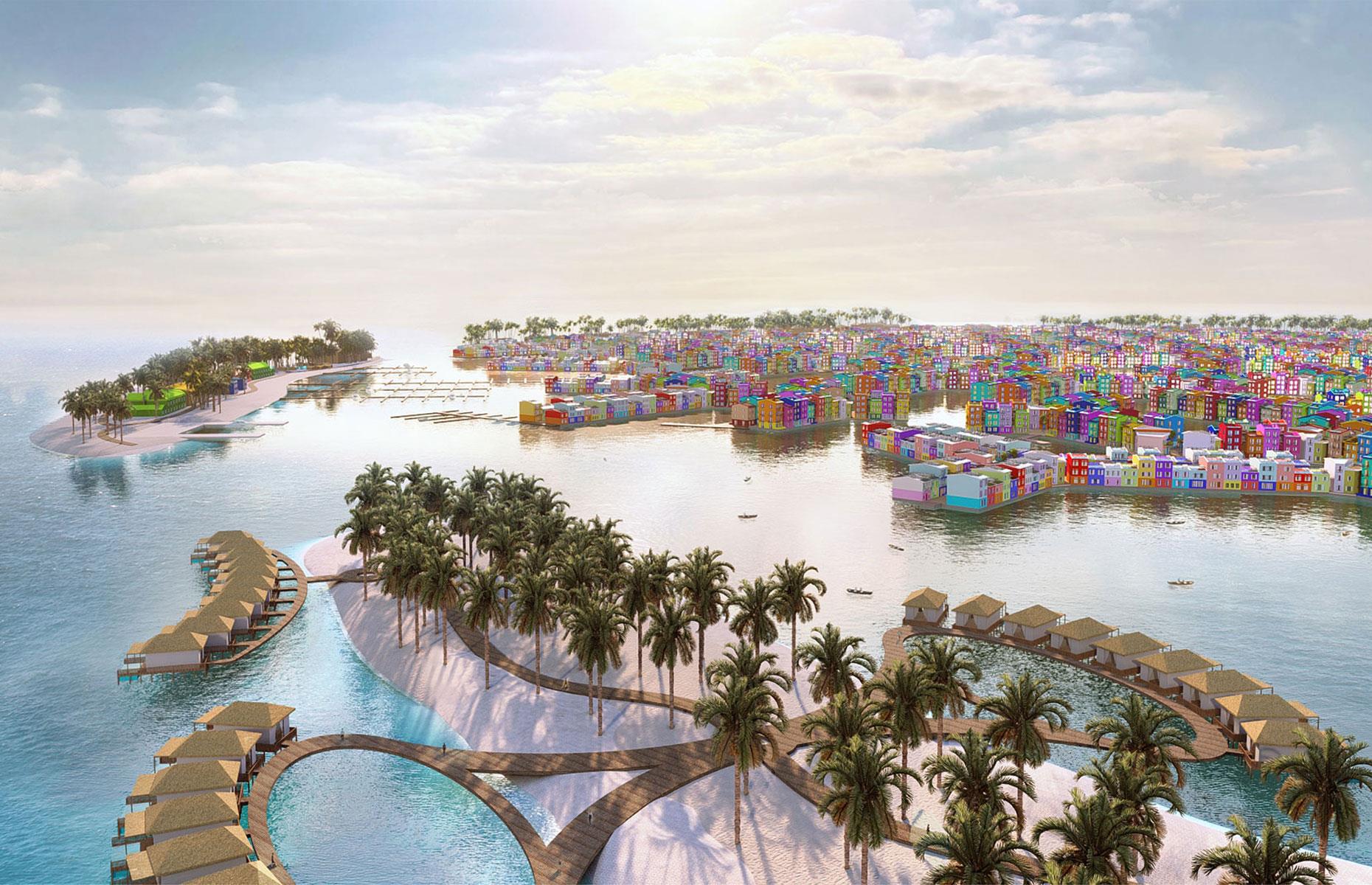 <p>A billion-dollar joint venture between the Maldives government and developer <a href="https://www.dutchdocklands.com/what-we-do/portfolio/maldives-floating-city/">Dutch Docklands</a>, with fellow Netherlands firm <a href="https://www.waterstudio.nl/projects/maldives-floating-city-a-benchmark-for-vibrant-communities-beyond-the-waterfront/">Waterstudio</a> taking care of design, <a href="https://maldivesfloatingcity.com/">Maldives Floating City</a> will comprise 5,000 floating units tethered to the floor of a 500-acre lagoon. The brightly colored units will serve as homes, restaurants, hotels, retail stores, schools and other amenities catering to a population of up to 20,000 people.</p>