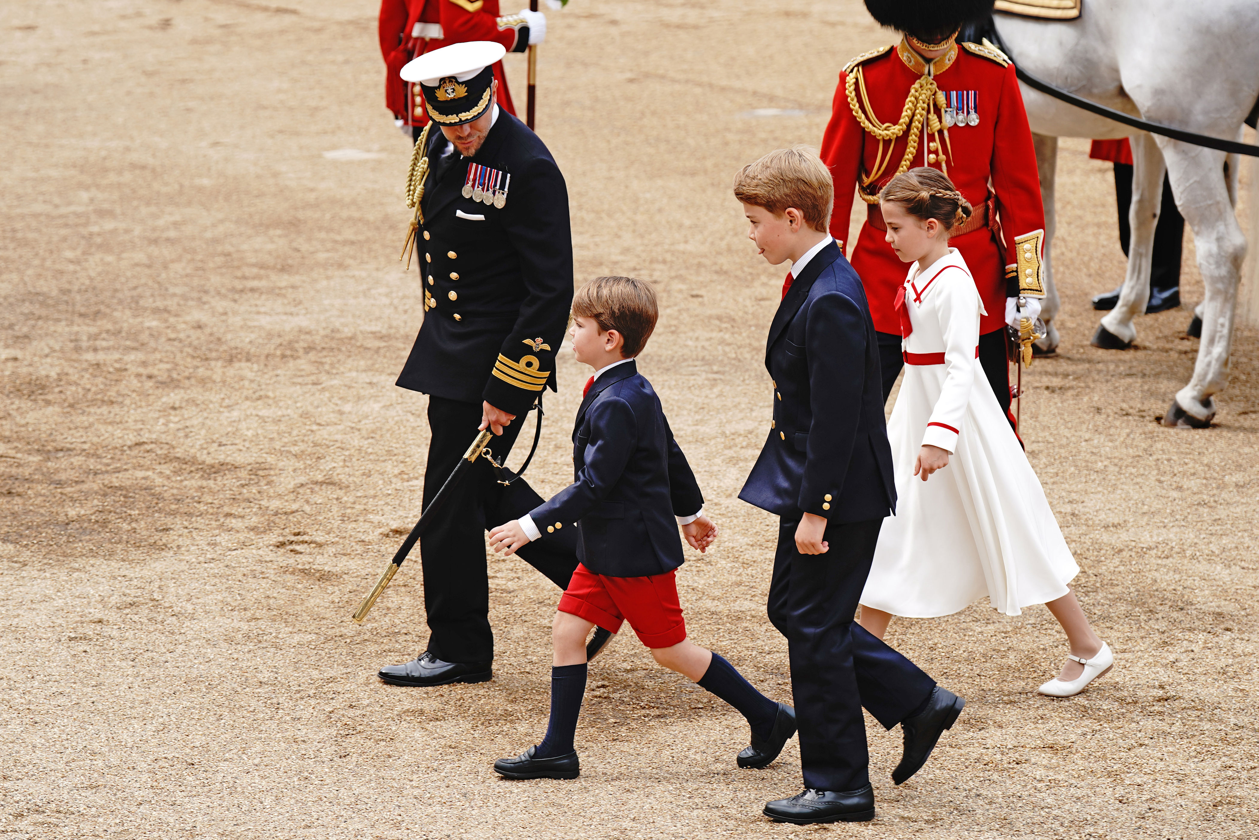 <p>Prince Louis, Prince George and Princess Charlotte headed to their carriage for the <a href="https://www.wonderwall.com/celebrity/royals/trooping-the-colour-2023-king-charles-iii-celebrates-the-first-of-his-reign-752078.gallery">Trooping the Colour</a> ceremony at Horse Guards Parade in London on June 1, 2023.</p>