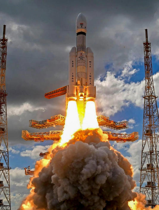 ISRO's Launch Vehicle Mark-III (LVM3) M4 rocket carrying 'Chandrayaan-3' lifts off from the launch pad at Satish Dhawan Space Centre (Photo | PTI)