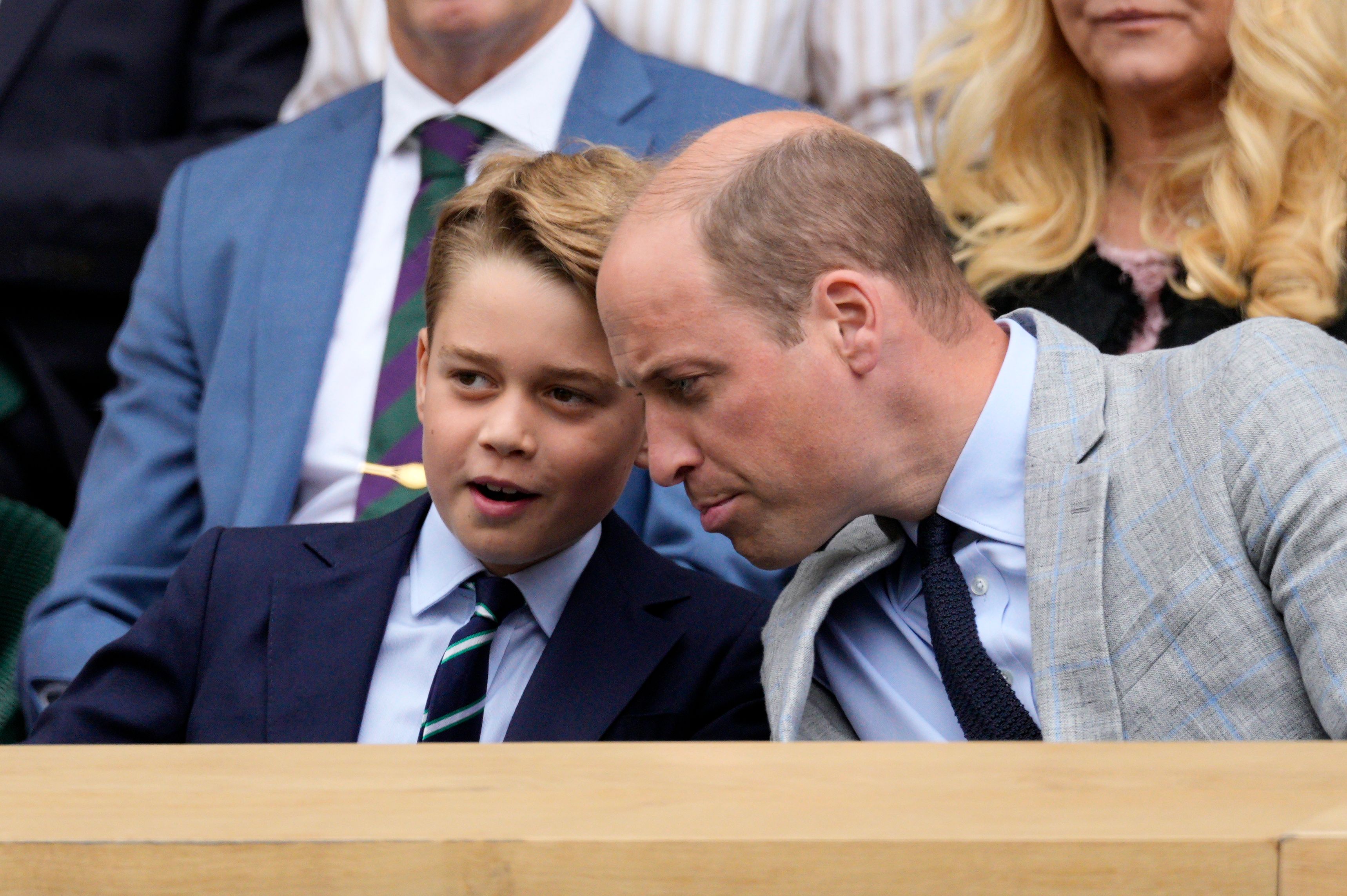 <p>Prince George talked to dad <a href="https://www.wonderwall.com/celebrity/profiles/overview/prince-william-482.article">Prince William</a> during the Men's Singles final match as they watch Carlos Alcaraz play Novak Djokovic from the Royal Box on Centre Court on day 14 of the <a href="https://www.wonderwall.com/celebrity/wimbledon-2023-the-best-pictures-of-royals-and-stars-at-the-tennis-championships-758994.gallery">Wimbledon Tennis Championships</a> at the All England Lawn Tennis and Croquet Club in London on July 16, 2023.</p>