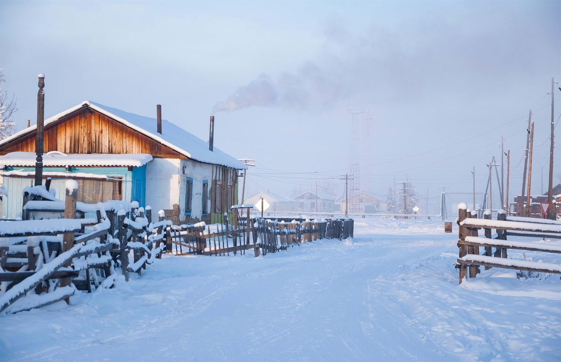 The nearest city is Yakutsk which is 576 miles away. The constant layer of permafrost makes life hard for the locals and prevents farming as nothing can penetrate the hard ground. The frozen ground also stops the town from having running water, so toilets are outhouses.