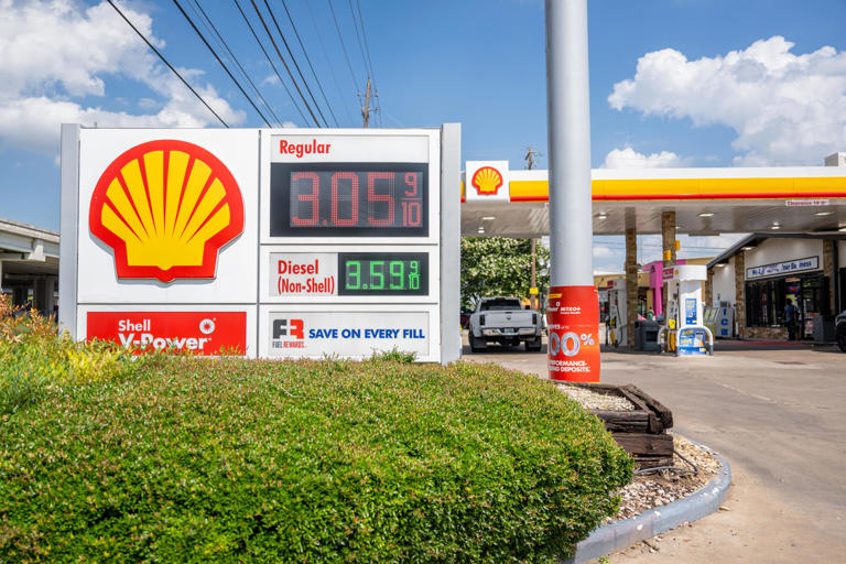 Shell gas station prices are seen on May 30, 2023 in Austin, Texas. Gas prices begin to rise nationally, but remain lower than prices around this time last year.