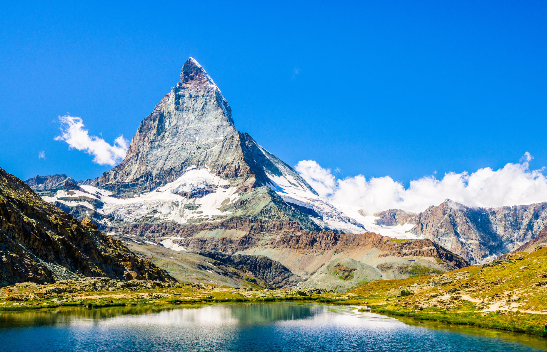<p>It’s not the tallest mountain in the Alps (that would be Mont Blanc along the France–Italy border), but the Matterhorn, with its unmistakable pyramid-shaped peak, is undoubtedly the most famous. The Matterhorn was formed some <a href="https://www.beautifulworld.com/europe/switzerland/matterhorn/" rel="noreferrer noopener">50 to 60 million years ago</a> when the African and Eurasian tectonic plates collided, forcing up the ground below.</p>