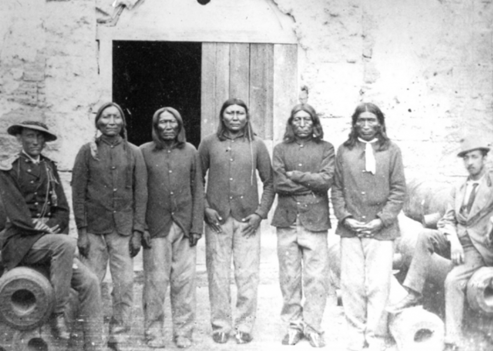 <p>As an increasing number of Americans headed west during the 19th century, the U.S. government tried to shrink or totally eliminate Native American tribes settlers came in conflict with along the way. The Red River War, a military campaign that took place in 1874 and 1875, was an effort to remove several <a href="https://www.texasbeyondhistory.net/redriver/">Southern Plains tribes</a>—Comanche, Kiowa, Southern Cheyenne, and Arapaho—from Texas territory. This photo depicts American Indian war prisoners in Florida, where <a href="https://www.okhistory.org/publications/enc/entry.php?entry=RE010">74 tribal leaders were imprisoned</a>.</p>