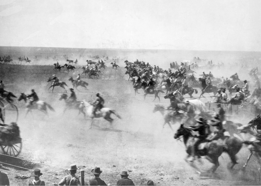 <p>By 1893, there had already been a number of land rushes in Oklahoma Territory, including the land rush of 1889, when President Benjamin Harrison opened up a 1.9 million-acre area of what had been Native American territory for western settlement. This photo depicts the Oklahoma Land Run Sept. 16, 1893, in which <a href="https://www.eyewitnesstohistory.com/landrush.htm">around 100,000 land-hopeful settlers raced west </a>on trains, horses, foot and wagons to try to claim land for themselves and their families. With only 42,000 parcels of land available, however, most of the settlers would come out of the land rush with nothing to show for it.</p>