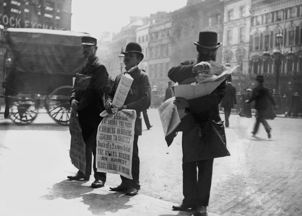 <p>Before the newsstand came to be, the news could be obtained from vendors simply standing on the street and selling it on the go. Here, three men are photographed selling various forms of reading material, including: "Snapshot" comic books; "Chums," a weekly newspaper for young boys; and a newspaper featuring a front-page story on the death of actor Edwin Booth, who was the brother of Abraham Lincoln's killer, John Wilkes Booth.</p>