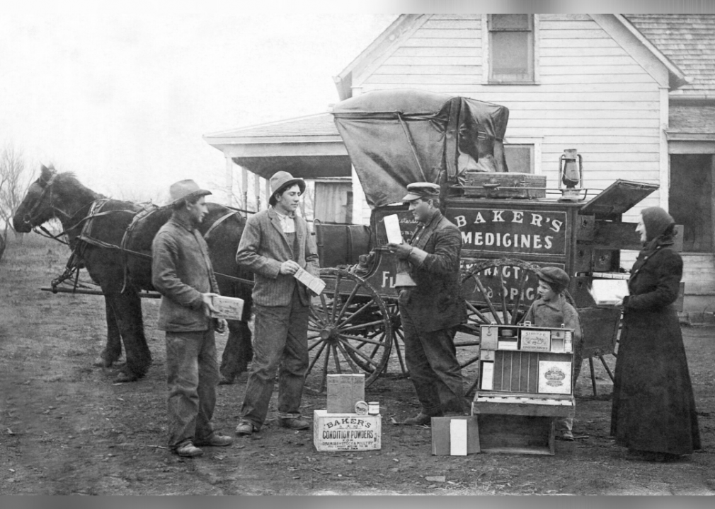 <p>Before the widespread existence of brick-and-mortar stores where people could purchase their goods, traveling salesmen were rather common. This was especially true in areas around the Midwest that were slightly more remote. In this image, a traveling salesman speaks to residents of a farm in Oklahoma as they peruse his powders and medicines.</p>  <p>Unfortunately, traveling salesmen were not always the most trustworthy. In the case of those peddling medicine, for example, the popularity of "<a href="https://www.legendsofamerica.com/ah-patentmedicine/">medicine shows</a>" that traveled across the country and offered "miracle cures" that were sure to cure any number of ailments simply preyed on the desperate to make a profit, without offering any true medical benefit.</p>