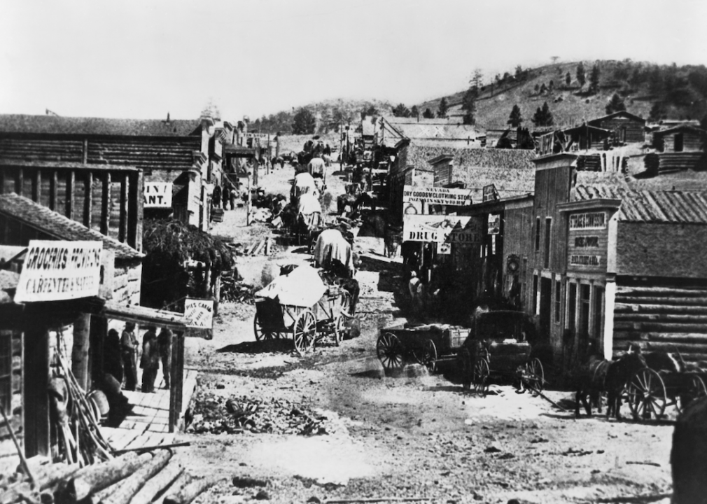 <p>Montana officially became a territory in 1864, after hopeful prospectors began flooding into the region during the gold rush. The swift spike in population that came with the migrations gave rise to what were known as <a href="https://prezi.com/qqlgjxm3vytf/what-is-a-frontier-town/">"boomtowns," or "frontier towns,"</a> which are essentially quick-to-materialize towns that emerge when settlers land in a new region. Here, a frontier town in Montana's capital, Helena, is shown.</p>