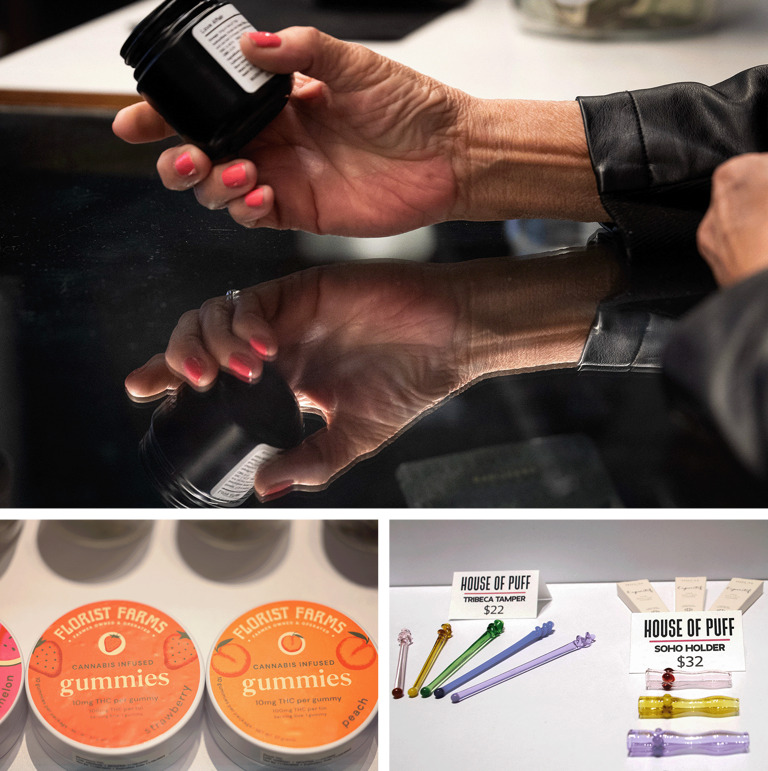 Top: Tanya Knight looks at marijuana buds for recreational use at the Proper Cannabis dispensary in Kansas City, Mo., on March 17, 2023. Bottom: Cannabis products are seen on display at Housing Works Cannabis Company, New York state's first legal cannabis dispensary, on Dec. 29, 2022, in New York City.