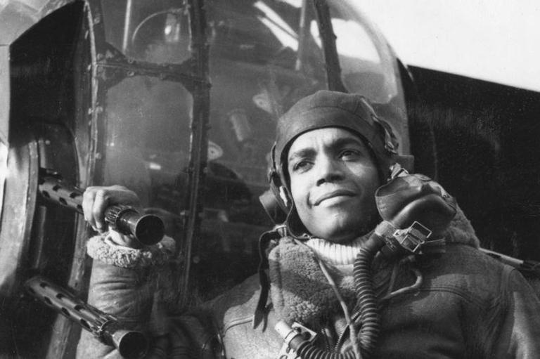 Sergeant Lincoln Orville Lynch DFM from Jamaica, an air gunner with No. 102 Squadron, RAF Pocklington, February 1944