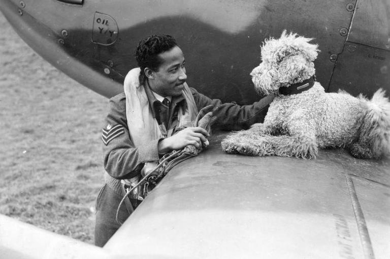 Flight Sergeant James Hyde from Trinidad, a Spitfire pilot with No. 132 Squadron, pictured with Dingo