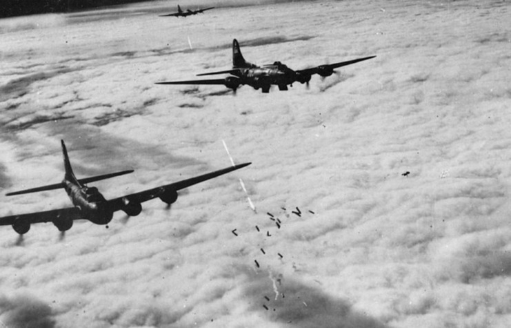 Boeing B-17F Flying Fortresses radar bombing over Bremen, Germany, 1943. (Photo Credit: US Air Force / Wikimedia Commons / Public Domain)