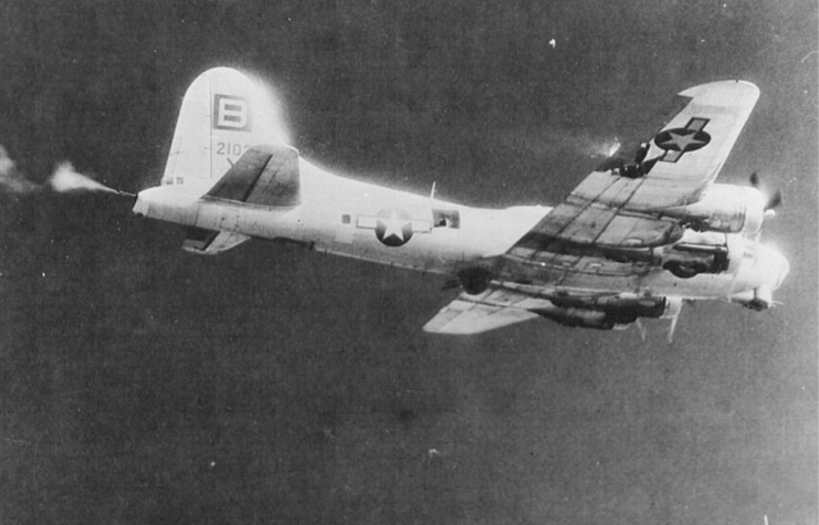 Boeing B-17 Flying Fortress <a>The Thomper</a> under attack, 1944. (Photo Credit: US Army Air Forces / US Air Force / Wikimedia Commons / Public Domain)