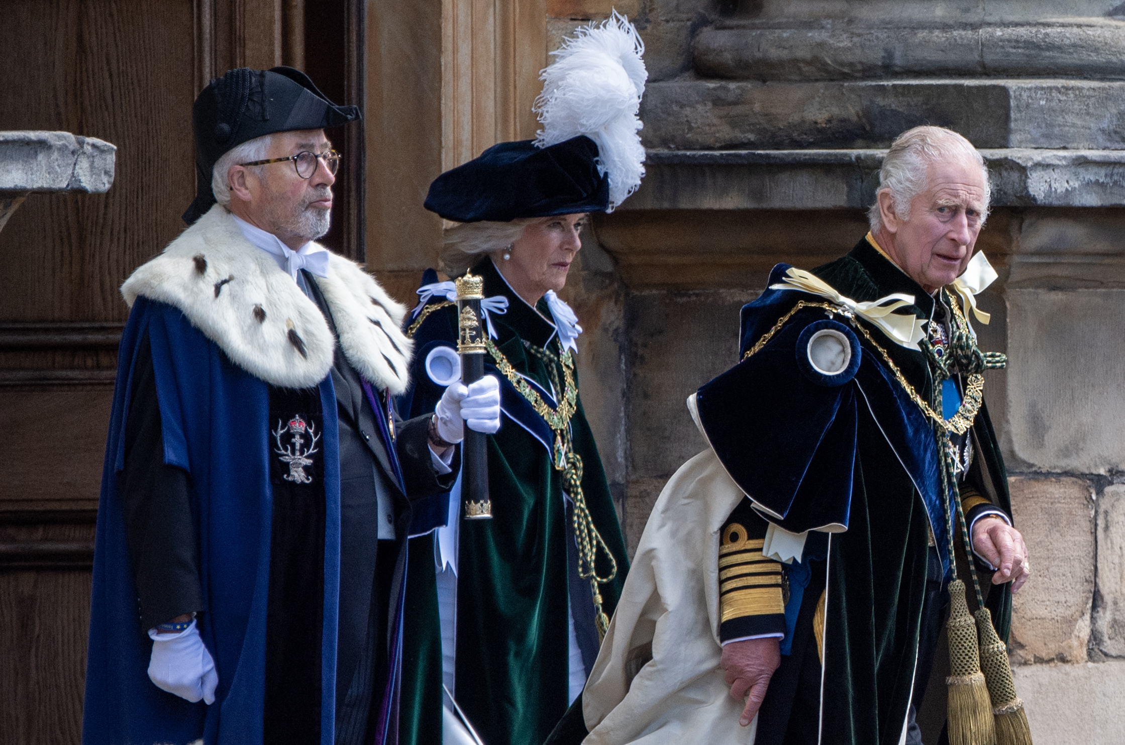 <p>King Charles III and Queen Camilla left the Palace of Holyroodhouse before traveling to St. Giles' Cathedral in Edinburgh, Scotland, to attend a National Service of Thanksgiving and Dedication on July 5, 2023. to mark the coronation of the new monarch in Scotland, where Charles was presented with the Honours of Scotland -- the Scottish crown jewels. </p>