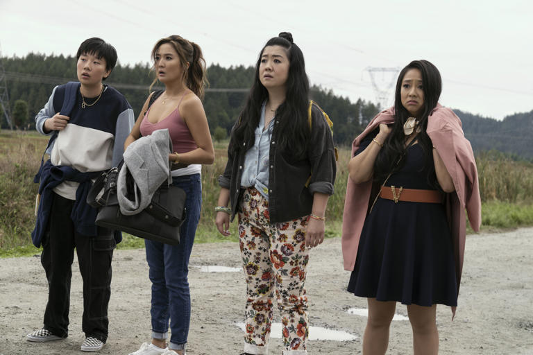 From left, Sabrina Wu as Deadeye, Ashley Park as Audrey, Sherry Cola as Lolo, and Stephanie Hsu as Kat in "Joy Ride."