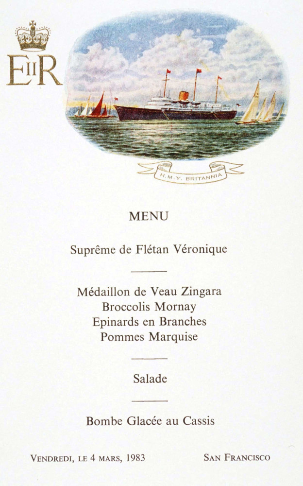 <p>This is the menu for dinner when Queen Elizabeth entertained President Reagan and other dignitaries on the Royal Yacht <em>Britannia</em> during the royal visit to San Francisco, California.</p><p><a href="https://www.msn.com/en-us/community/channel/vid-7xx8mnucu55yw63we9va2gwr7uihbxwc68fxqp25x6tg4ftibpra?cvid=94631541bc0f4f89bfd59158d696ad7e">Follow us and access great exclusive content every day</a></p>