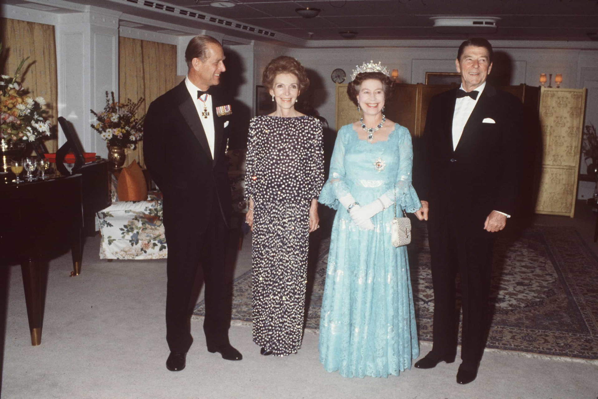<p>Queen Elizabeth and Prince Philip with US President Ronald Reagan and his wife Nancy on board <em>Britannica</em> during an official tour of America in 1983. A banquet was held on the vessel on March 4, 1983 to celebrate the Reagan's wedding anniversary.</p><p><a href="https://www.msn.com/en-us/community/channel/vid-7xx8mnucu55yw63we9va2gwr7uihbxwc68fxqp25x6tg4ftibpra?cvid=94631541bc0f4f89bfd59158d696ad7e">Follow us and access great exclusive content every day</a></p>