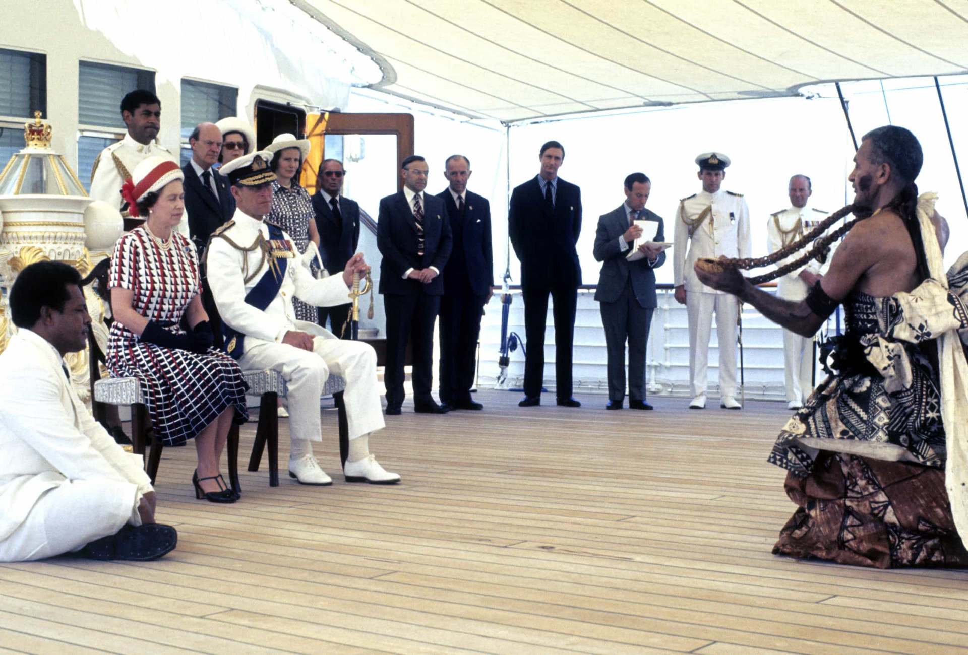 <p>Later in the summer, the Queen and Prince Philip embarked on a Commonwealth visit that first brought them to island nations such as Fiji and Tonga. Pictured is the royal couple receiving and being entertained by Fijian folk and traditional dancers on board  <em>Britannia</em>. The voyage continued later with longer stints in New Zealand and Australia.</p><p><a href="https://www.msn.com/en-us/community/channel/vid-7xx8mnucu55yw63we9va2gwr7uihbxwc68fxqp25x6tg4ftibpra?cvid=94631541bc0f4f89bfd59158d696ad7e">Follow us and access great exclusive content every day</a></p>
