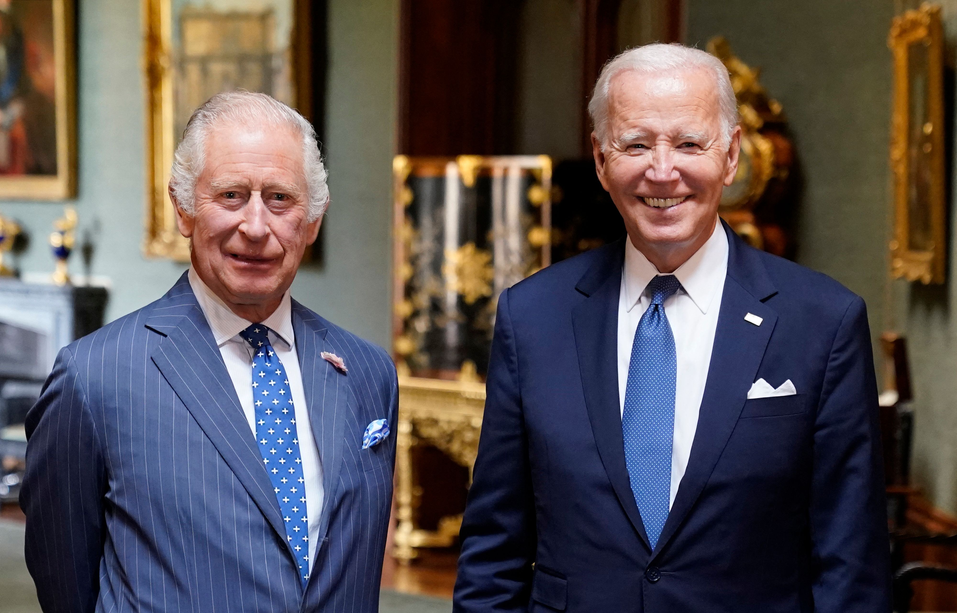 <p>King Charles III and President Joe Biden posed together in the Grand Corridor inside Windsor Castle in Windsor, England, on July 10, 2023. <a href="https://www.wonderwall.com/celebrity/royals/see-king-charles-iii-meetings-with-american-u-s-presidents-over-the-years-prince-charles-camilla-652116.gallery">The president visited Britain</a> to further strengthen the close relationship between the nations and to discuss climate issues with the monarch.</p>