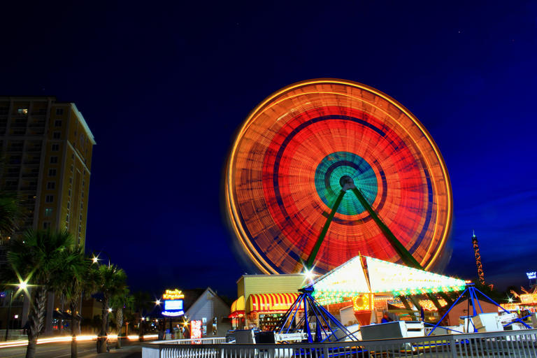 In this 30-second exposure shot, taken by camera remote, a ferris wheel lights up Myrtle Beach, S.C.