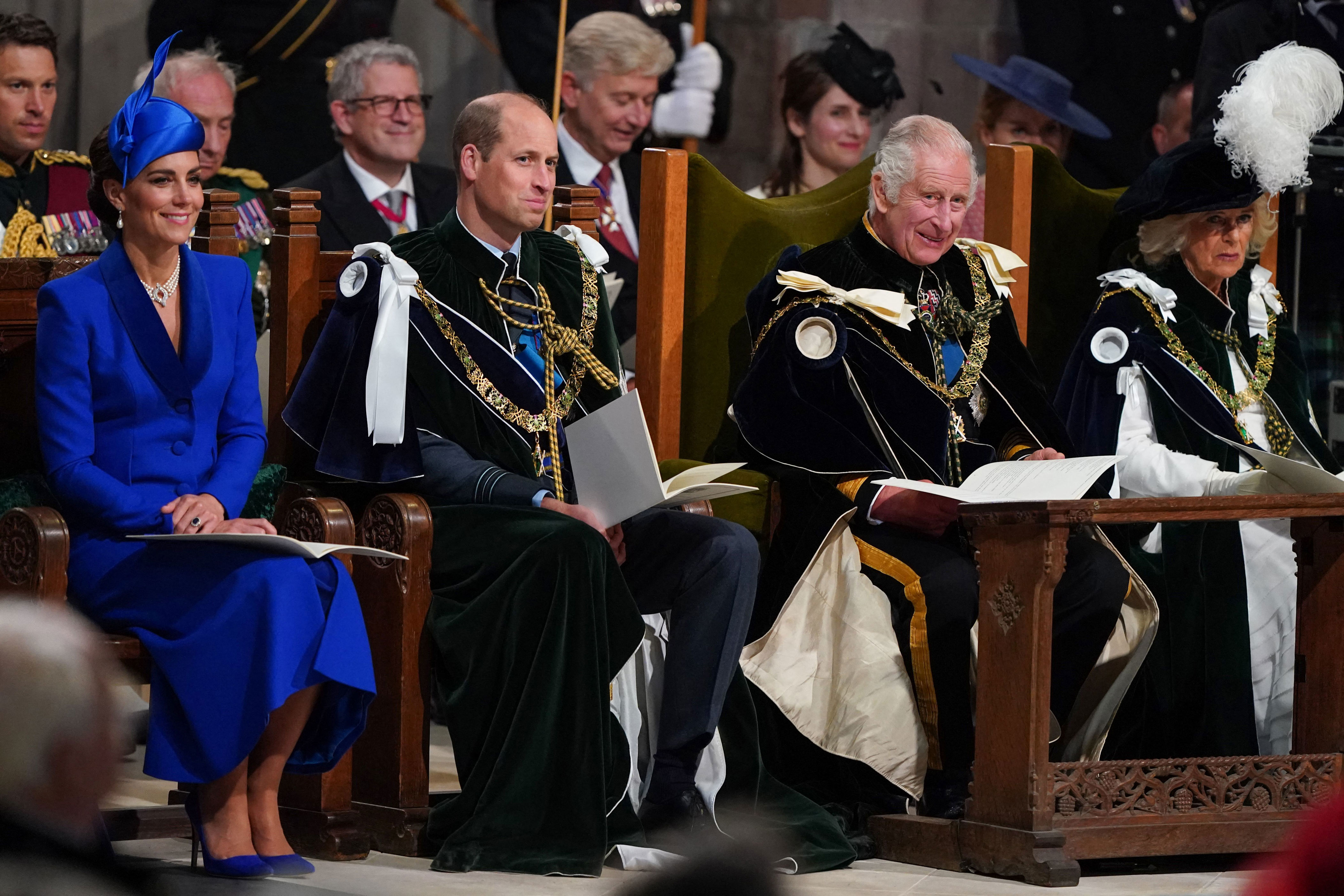 <p>Princess Kate, Prince William, King Charles III and Queen Camilla attended a National Service of Thanksgiving and Dedication inside St. Giles' Cathedral in Edinburgh, Scotland, on July 5, 2023, to mark the coronation of the new monarch in Scotland, where Charles was presented with the Honours of Scotland -- the Scottish crown jewels.</p>